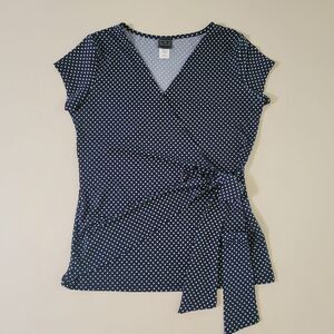 THX Women's Dark Navy Polka Dot Crossover Cap Sleeve Top